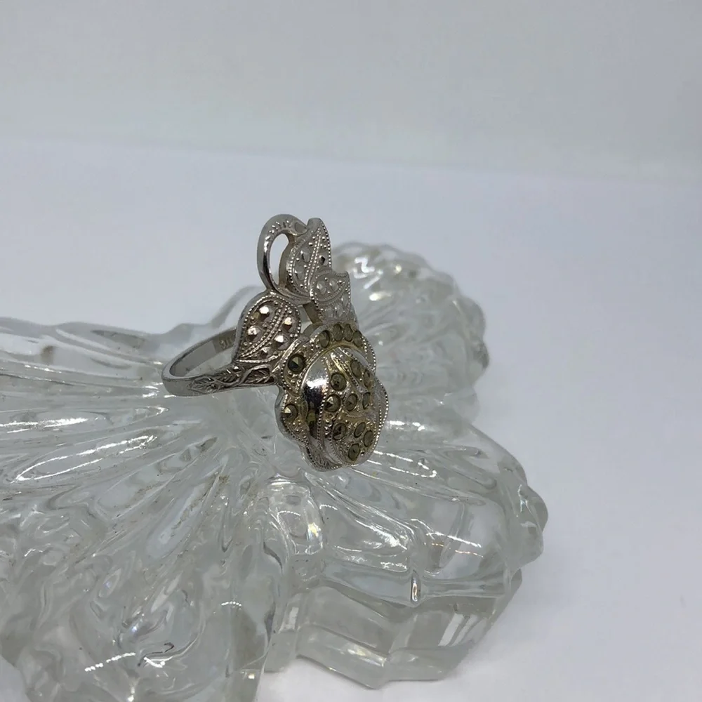 STERLING silver electroplated marcasite flower leaf ring sz 9 dressy costume
